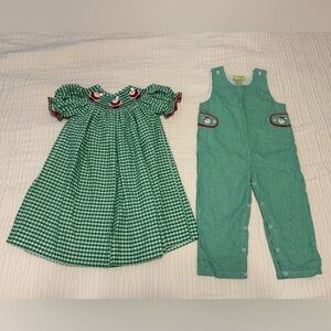 Green Gingham Baby Dress and Overalls Set